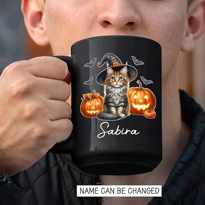 Personalized Maine Coon with Pumpkins Cup for Halloween, Maine Coon Wearing Witch Hat Coffee Mug, Cat Halloween Ceramic Cup 11oz 15oz, Pet Cat Black Mug, Gift for Pet Lover Dad Mom Children