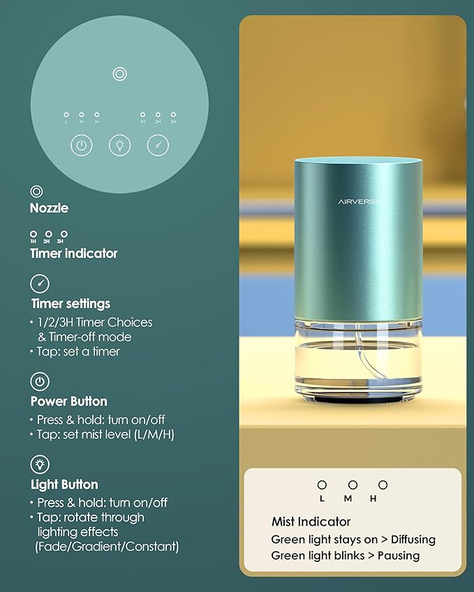 Essential Oil Diffuser Waterless Aromatherapy Diffusers for Home Large Room, Bedroom, Car, Office, Desk, Battery Operated, Small Diffuser for Pure Scent, 100mL Capacity, AN9 (Mint)