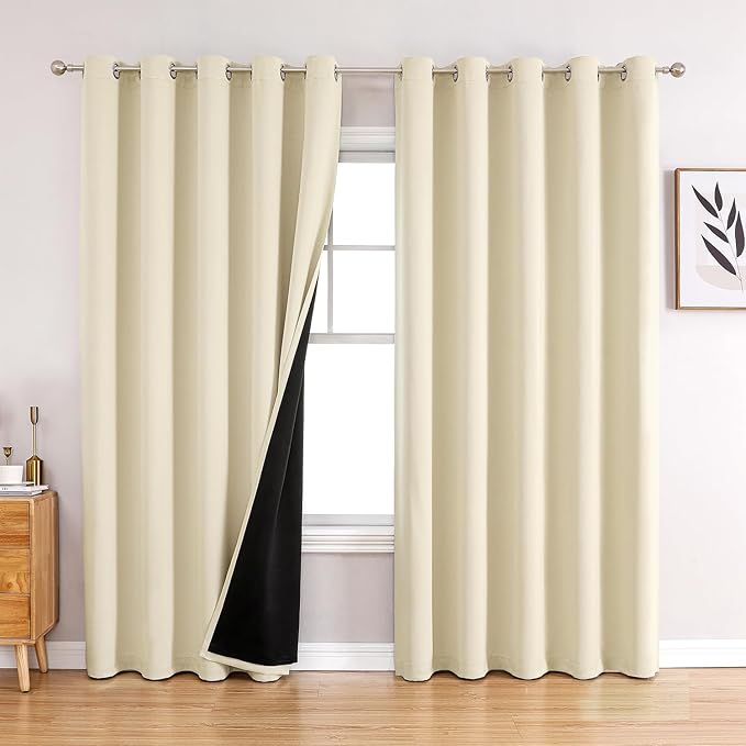 ChrisDowa 100% Blackout Curtains 84 inch Long for Bedroom with Black Liner, Extra Wide 2 Thick Layers Total Blackout Thermal Insulated Grommet Window Curtains 2 Panels Set (Light Beige, 60 x 84 Inch)