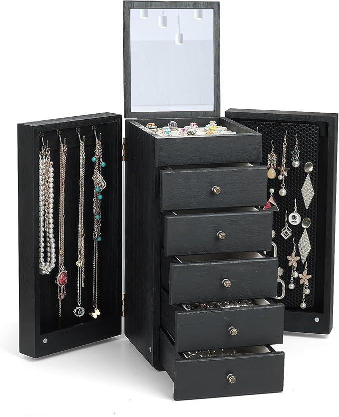 Meangood Jewelry Box Wood for Women, 6-Layer Large Organizer Box with Mirror & 5 Drawers for Rings, Earrings, Necklaces, Vintage Style, Black