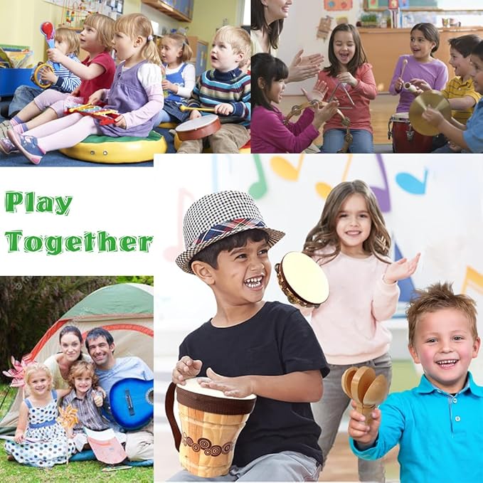 Wooden Musical Instruments Set for Kids,7 Types Percussion Set,Bongo Drum,Tambourine 8 inch...Natural Sheepskin Drumhead,Toddler Musical Toys,Gift for Rhythm Montessori Class Education