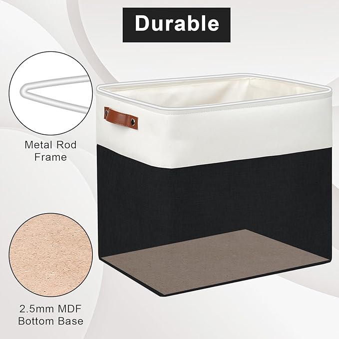 Large Fabric Storage Baskets | 50L Storage Bins, Decorative Linen Closet Baskets with Handles for Organizing, Shelf, Toys, Clothes, Home, Office, Nursery, 17x12x15Inches (Black&White)