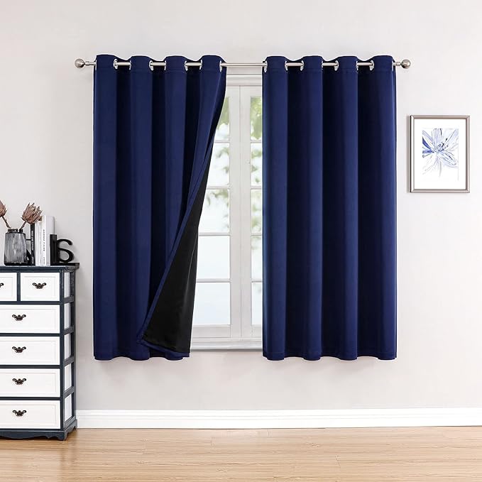 ChrisDowa 100% Blackout Curtains for Bedroom with Black Liner, 2 Thick Layers Total Blackout Thermal Insulated Grommet Window Curtains 2 Panels Set (Navy Blue, 52 x 54 Inch)
