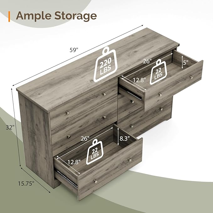 VINGLI 59" Long Dresser 6 Drawer, Grey Large Dresser for Bedroom, Rustic Gray Chest of Drawers, Farmhouse, 59" W x 15.75" D x 32" H