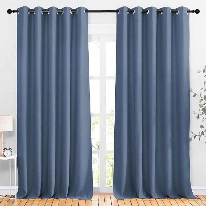 NICETOWN Stone Blue Room Divider Curtains 118 inches Long 2 Panels, Grommet Sliding Door Curtains Solid Window Treatments Sound Reducing for Living Room, W66 x L118, Stone Blue