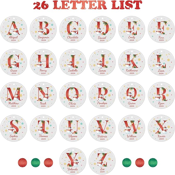 Name Ornaments for Christmas Tree, Custom Initial Monogram Snowman Ceramic Ornament for Kids Boys Girls, Monogrammed Christmas Ornaments 2025