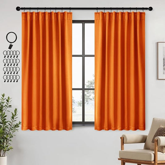 ANRODUO Back Tab Blackout Curtains for Bedroom Living Room, Rod Pocket Pinch Pleated Thermal Insulated Room Darkening Curtains 54 Inches Long 2 Panels, Orange, 42 x 54 Inch