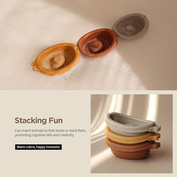 Nueplay Bathtub Toys for Toddlers 18M+，Baby Bath Toys with Animal Finger Puppets，Stackable Boat Train，Easter Bunny Gifts for Baby & Toddlers Set of 6