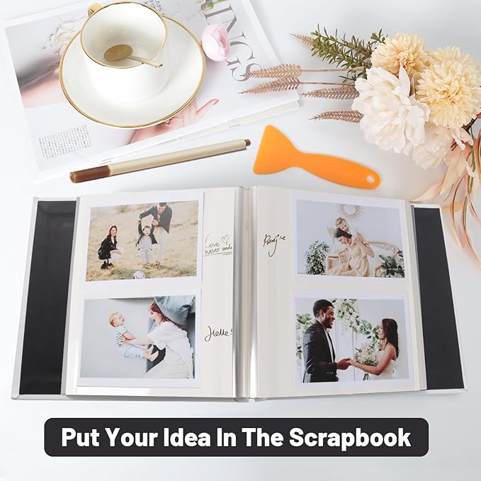 RECUTMS Photo Album Self Adhesive Magnetic Scrapbook 4x6 5x7 8x10 Pictures Scrapbook Album, 40 Pages Photo Book for DIY Baby Family Wedding with Metal Pen and Plastic Board (White)