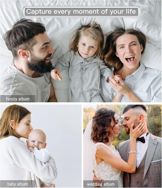 popotop Photo Album Self Adhesive with Picture Display Window,60 Pages DIY Scrapbooking Supplies Kit for 4x6 8x10 Picture,Linen Cover Memory Book for Baby Wedding, with Scraper and Metallic Pen