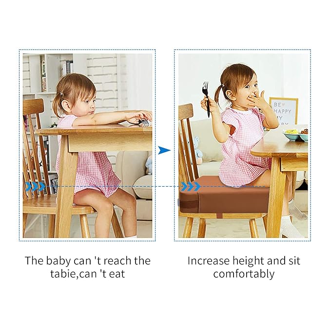 Toddler Booster Seat for Dining Table, PU Washable Double Safe Straps Non-Slip Bottom Booster Seat Dining Toddler, Portable Travel Increasing Cushion (Brown)