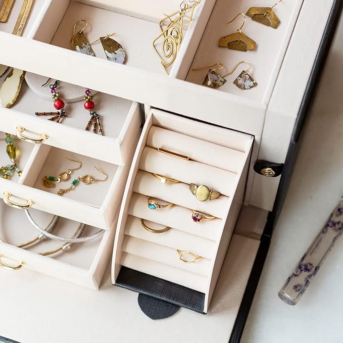 Vlando Jewelry Box Organizer for Girls Women, Large Baroque Jewelry Holder Organizer with Mirror, 3 Drawers for Bracelets, Earrings, Rings, Necklaces, Mothers Day Gifts for Loved One, Black