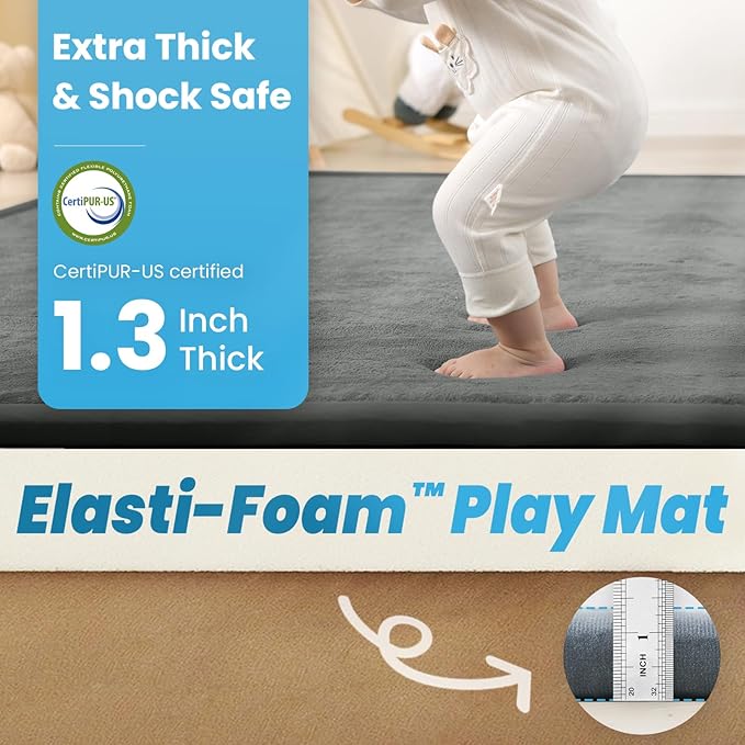 1.3" Thick Baby Play Mat for Floor Playpen, 71x59 Large Foam Tummy Time Mat, Padded Support Soft Plush Nursery Rug for Infant Kids Toddler Crawling Kick Activity (Dark Grey)