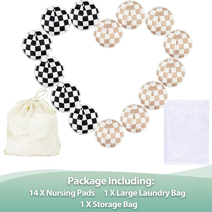 wegreeco Nursing Breast Pads (14 Pack) + Laundry Bag & Travel Storage Bag, 4.7 inch - Washable & Reusable Breastfeeding Nursing Pads (Light Coffee, Black Checkerboard, Large, Contoured Shape)