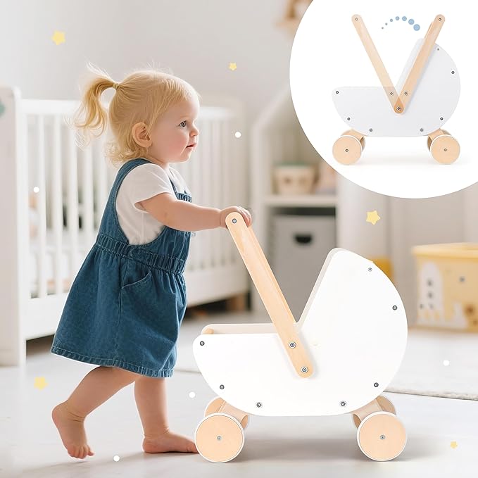 Wooden Baby Walker & Doll Stroller – Adjustable Handle Push Cart, Anti‑Tip, Quiet Wheels, Pretend Shopping Cart – Montessori Wooden Walker for Babies , Doll Stroller for Toddlers 12m+