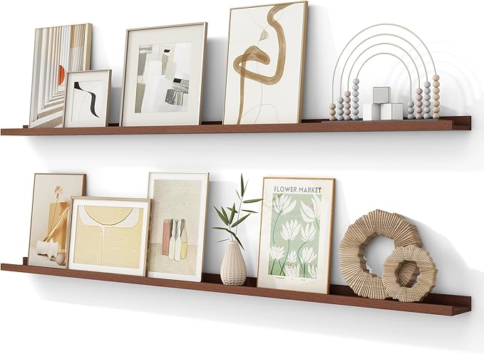 Picture Ledge Shelf, 72 inch Solid Ash Wood Floating Shelves Set of 2, Picture Ledge Photo Ledge Wall Mounted for Living Room Kids' Room Bedroom, Color Walnut