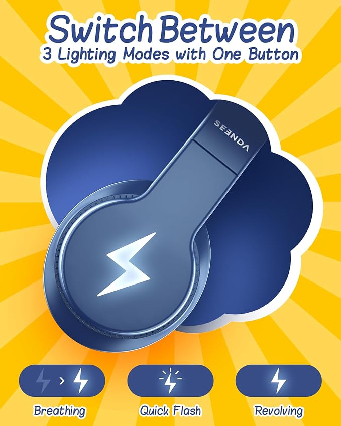 seenda Kids Bluetooth Headphones, Colorful Wireless Over Ear Headset with 85dB/94dB Volume Limited, 45H Playtime, 3 Lighting Modes, Built-in Mic Headphones for Boys Girls iPad Tablet School Dark Blue