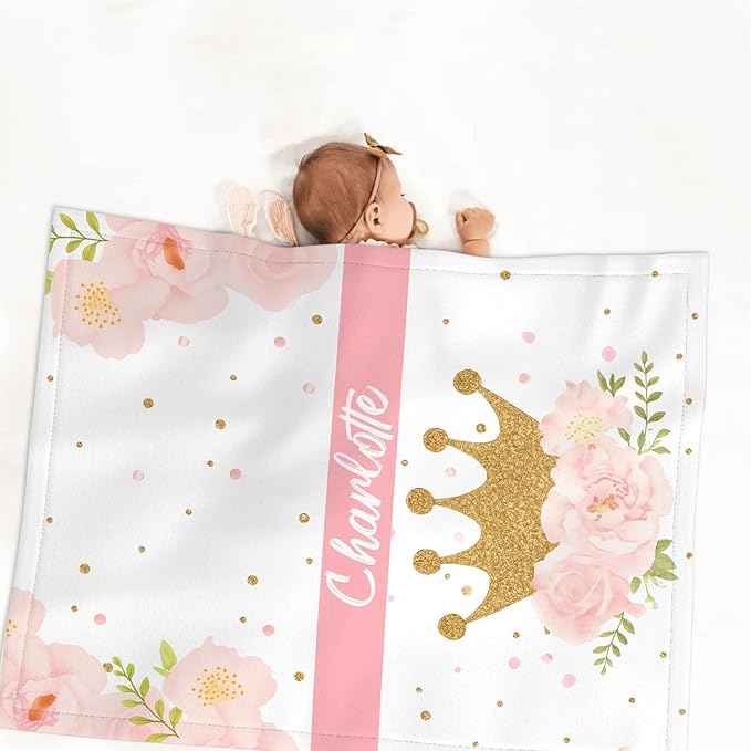 Personalized Baby Girl Crib Bedding Set – Custom Name 3-Piece Nursery Bedding with Crown with Flower, Flannel Blanket, Fitted Sheet & Pillowcase – Shower Gift for Baby Infant & Toddler
