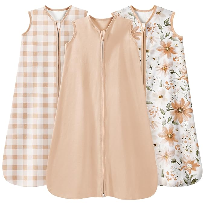 Baby Sleep Sack 6-12 Months 3 Pack 100% Cotton Lightweight 0.5 TOG Wearable Blanket Baby Sleep Bag with 2-Way Zipper for Newborn Infant Orange Flowers & Plaid