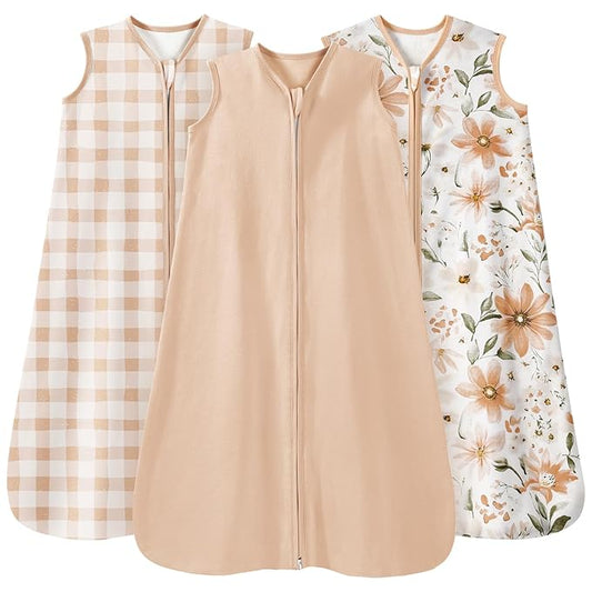 Baby Sleep Sack 6-12 Months 3 Pack 100% Cotton Lightweight 0.5 TOG Wearable Blanket Baby Sleep Bag with 2-Way Zipper for Newborn Infant Orange Flowers & Plaid