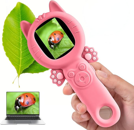 Kids Microscope–500X Digital Pocket Handheld Microscope with Dual Cameras, Autofocus & 32GB Card STEM Educational Toy & Christmas Birthday Gift for Boys & Girls Ages 3 4 5 6 7 8 9 10(Pink)