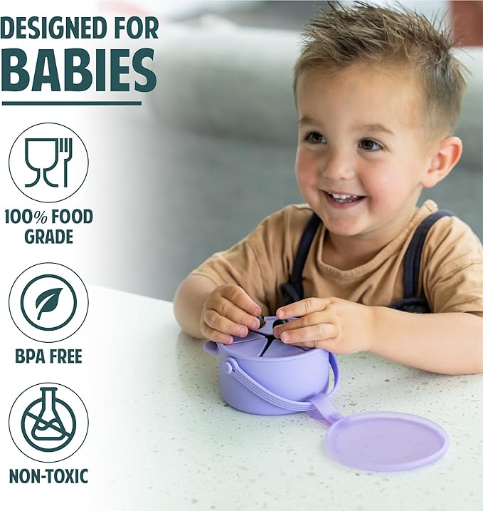Silicone No Spill Snack Cups for Toddlers – Portable Baby Snack Cup Containers with Dustproof Lid – Dishwasher-Friendly Toddler Spill Proof Cups Without BPA, Lead, or Phthalates – Pink and Lilac