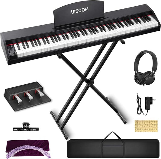 88 Key Digital Piano Keyboard for Beginners - Full Size Semi Weighted Wooden Electric Piano Set with Stand, Triple Pedal, Headphone,Carry Bag - Supports USB-MIDI Connecting (Wood Grain Black)