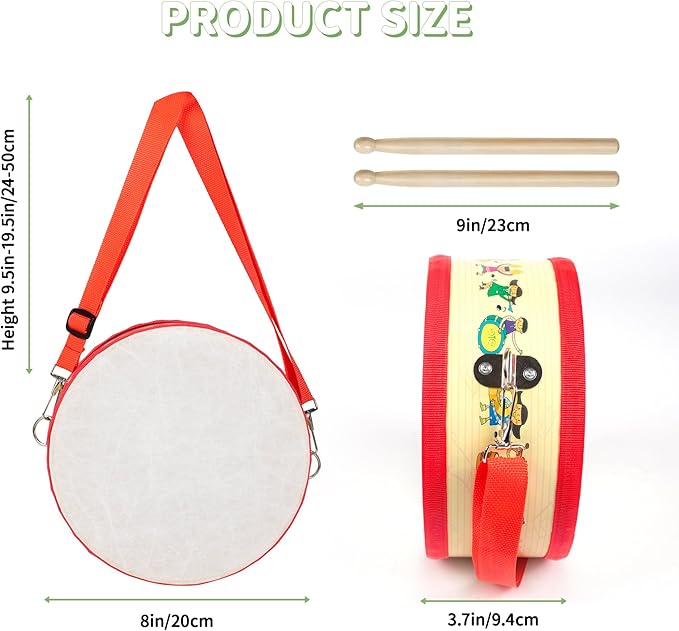 Kids Drum Set with Adjustable Strap: Toddler Musical Instrument for Ages 3-5, Wearable Drum Kit with Drumsticks, Educational Percussion Toy for Rhythm Music Development (Red)