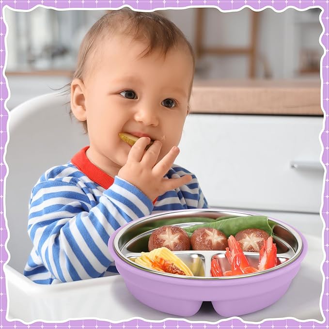 Nuogo 1 Pcs Stainless Steel Baby Suction Plates with Removable Silicone Shell 2-in-1 Metal Toddler Bowl Divided for Picky Eaters Kid Feeding Led Weaning Supply, Dishwasher Safe (Purple)
