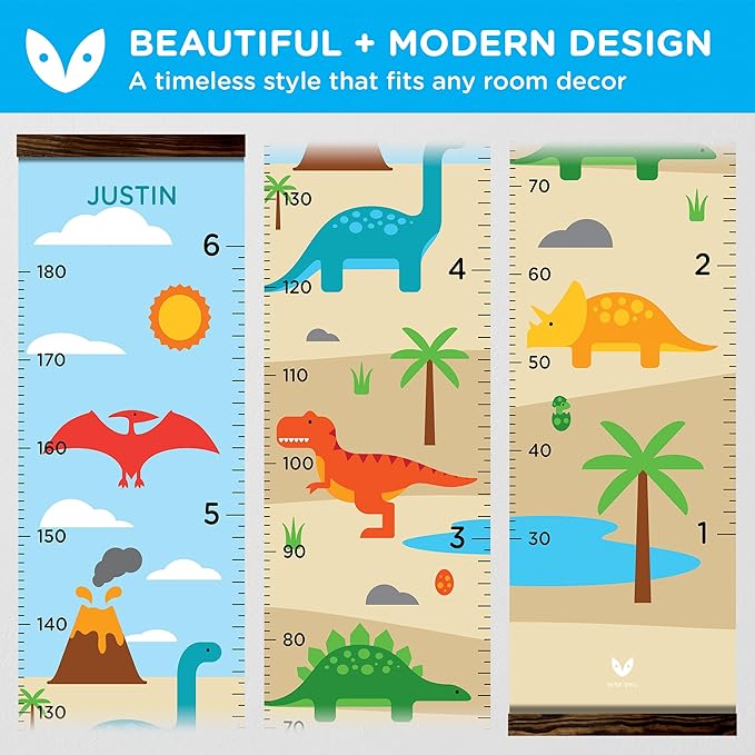 WISE OWL Personalized Growth Chart for Kids - Height Wall Chart for Boys with Peel & Stick Letters for Name - Hanging Canvas Wall Measurement Height Tracker for Baby Gift (Dinosaurs)