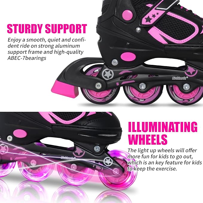 Nattork Blade Roller Skates for Boys with Light Up Wheel, Outdoor & Indoor Illuminating Black Inline Skates for Boys Little Kids Toddler Ages 5-8 4 5 6, Beginners