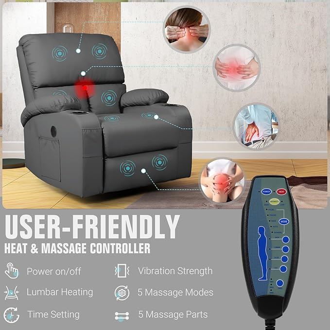 Rocking Recliner Chair, Massage Rocker Recliner Chair with Vibration Massage and Heat, USB and Type-C Ports,360° Swivel Faux Leather Chairs, Living Room, Bedroom, Nursery, RV, Dark Grey