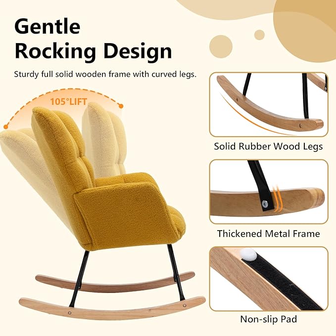 NIOIIKIT Nursery Rocking Chair Teddy Upholstered Glider Rocker Rocking Accent Chair Padded Seat with High Backrest Armchair Comfy Side Chair for Living Room Bedroom Offices (Yellow Teddy)