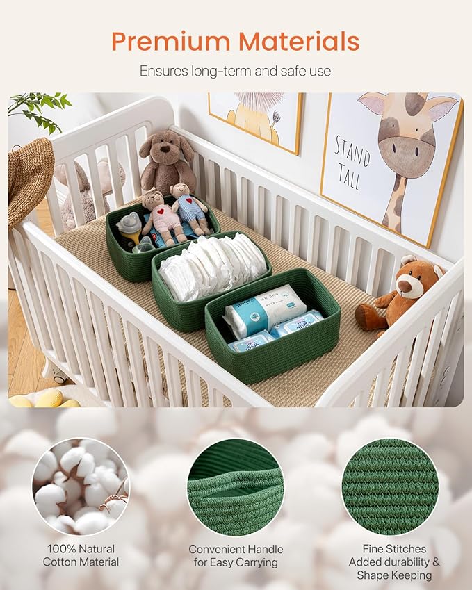 Small Woven Basket, 13.5 x 9.5 x 5 Inches, Storage Basket for Organizing, Cute Small Rope Shelf Closet Cube Storage Bins Baskets for Shelves, Dog Toy Gift Baskets Empty, 3 Pack, Green