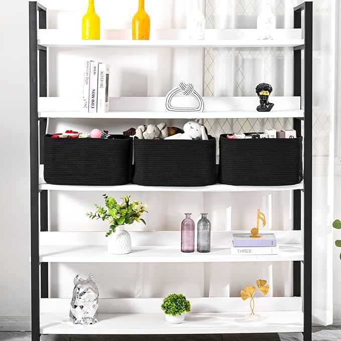 Large Storage Baskets for Organizing Shelves, Woven Cotton Rope Bins for Baby Nursery Organization, Book Toy Towel Organizer, 17"x13"x9.5", 3 Packs, Black