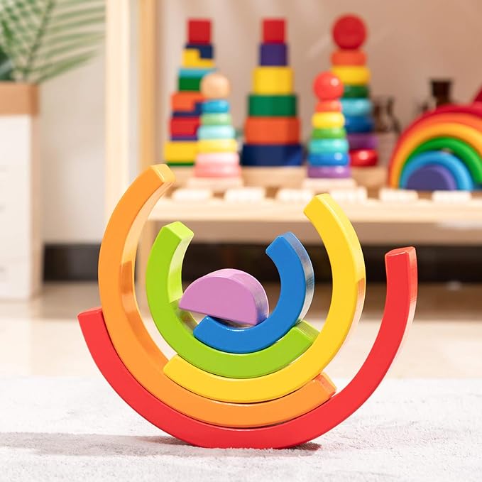 Wooden Rainbow Stacking Toy, Small Wooden Rainbow Stacker, 6 Piece Rainbow Stacking Toy for Baby/Toddlers/Kids, Montessori Educational Rainbow Decor, Kindergarten Teaching Aid