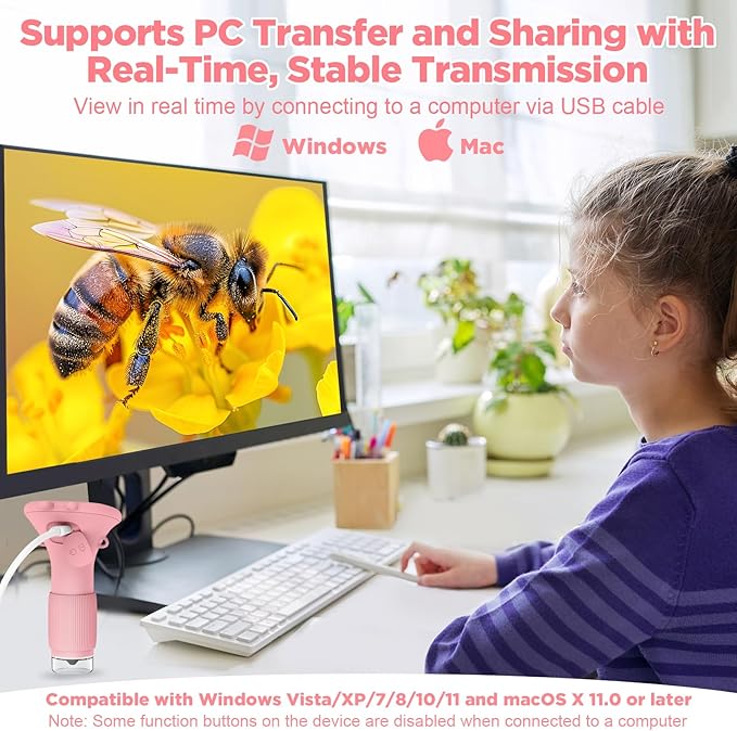 MAXLAPTER Portable Digital Microscope for Kids: 1000X Handheld Kid Microscope with 2'' Screen and 8 LED Lights - Pocket Miniscope Edu Science Toys Birthday Gifts for Age 3-5 5-7 8-12 Girls Boys, Pink