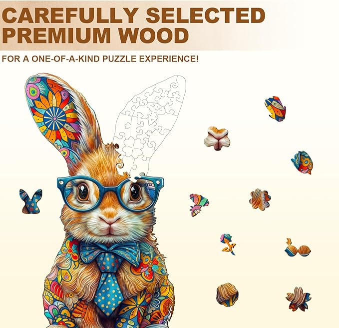 Wooden Puzzles for Adults - 125 Pieces Colorful Bunny Wooden Puzzle - Unique Animal Shape Wood Cut Puzzles - Eco-Friendly Home Office Decor (11.4 * 6.8in)