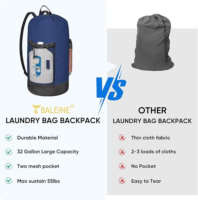 BALEINE 120L Laundry Bag Backpack, 900D Oxford Fabric Large Travel Laundry Bags with Shoulder Straps and 2 Mesh Pockets for College Dorm, Apartment, Laundromat (Navy, 120L)