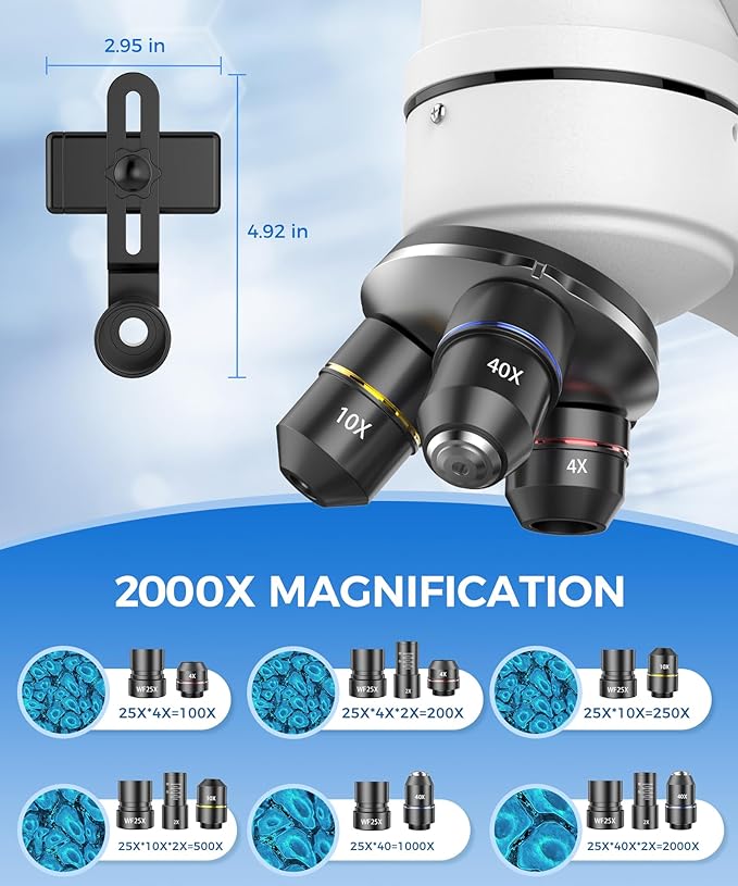 Compound Binocular Microscope for Kids & Students, 40X-2000X Magnification, Microscope Kit with Slides & Specimens, Lab Equipment for School Biology Class & Home Science Experiments