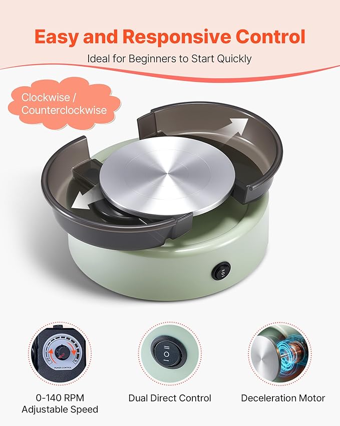 VEVOR Mini Pottery Wheel, 6 inch Turntable, Forward and Reverse Rotation, Adjustable Speed, Electric Clay Wheel for Kids and Beginners, with Shaping Tools, for Home DIY, Pottery Classes, Green