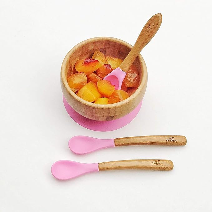 Avanchy Bamboo & Silicone Infant Training Spoons, BPA Free - Soft Tip, Easy on Gums, First Stage Feeding Utensils for Baby-Led Weaning, Self-Feeding, Orange