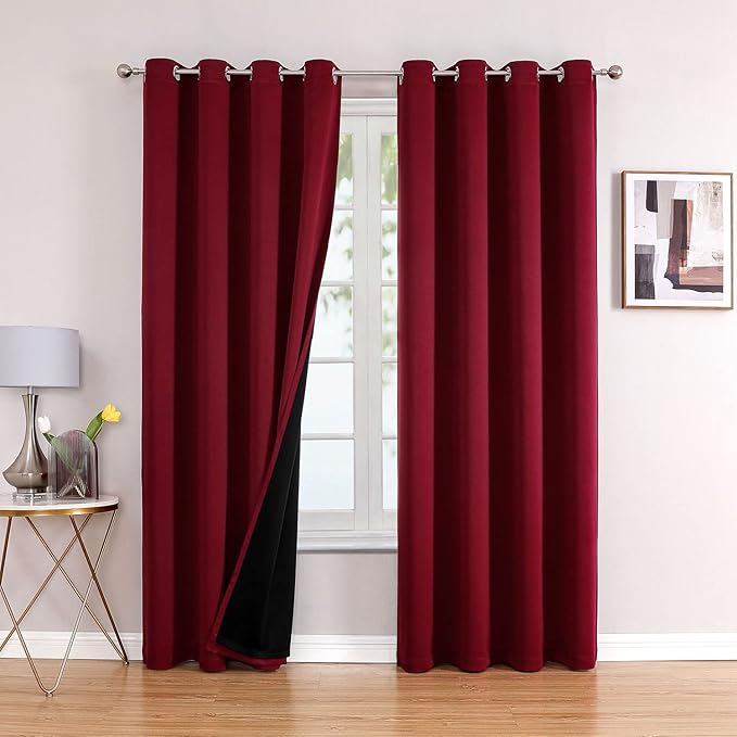 ChrisDowa 100% Blackout Curtains 120 inch Long for Bedroom with Black Liner, 2 Thick Layers Total Blackout Thermal Insulated Grommet Long Window Curtains 2 Panels Set (Burgundy, 52 x 120 Inch)