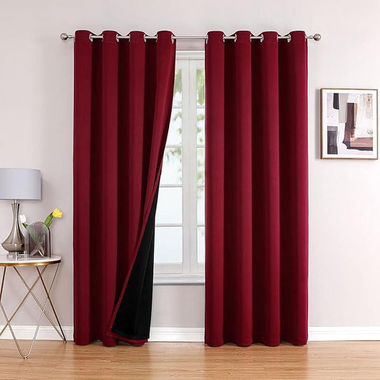 ChrisDowa 100% Blackout Curtains 80 inch Long for Bedroom with Black Liner, 2 Thick Layers Total Blackout Thermal Insulated Grommet Window Curtains 2 Panels Set (Burgundy, 52 x 80 Inch)