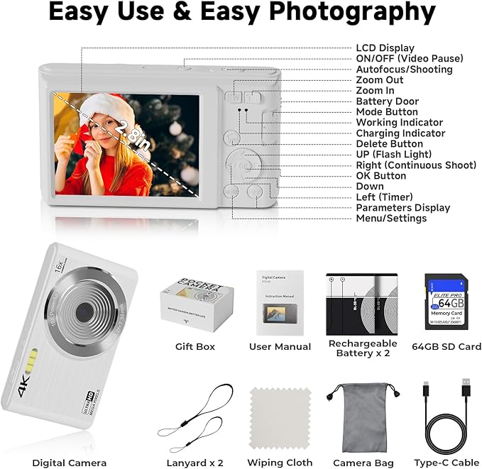 Digital Camera, 44MP 4K Auto Focus Point and Shoot Kids Video Camera with 64GB SD Card 2 Batteries 16X Digital Zoom Compact Portable Small Camera Gifts for Teens Kids Boys Girls(White)