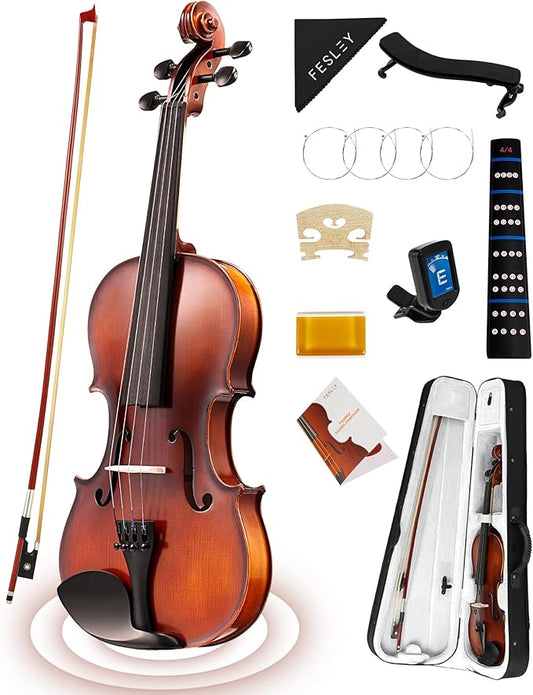 Fesley Violin Fiddle Full Set: 4/4 Matt Violin Kit for Beginners, Acoustic Violin with Hard Case, Solidwood Hand Made Starter Kit with Bow, Rosin, Shoulder Rest, Tuner, Extra Strings