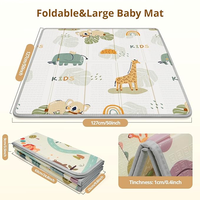 Foldable Baby Play Mat, Waterproof Playmats for Babies and Toddlers Kids, Safe Foam Playmat for Tummy Time, 50x50 Playpen Mat, Reversible Portable Baby Floor Mat for Infant, Toddler, Giraffe