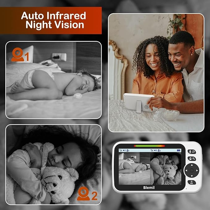 Upgrade Baby Monitor with 30-Hour Battery, 5" Large Split-Screen Video Baby Monitor with 2 Cameras and Audio, Remote Pan/Tilt/Zoom, Two-Way Talk, Room Temperature, Auto Night Vision