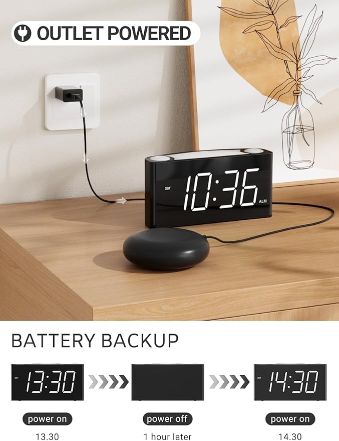 Vibrating Alarm Clock,PPLEE Loud Alarm Clock for Heavy Sleepers Hearing Impaired Deaf Teens,Bed Shaker Alarm Clocks for Bedrooms,5 dimmable,7 Color Night Light,USB charging,Type-C Charger,Memory Alarm