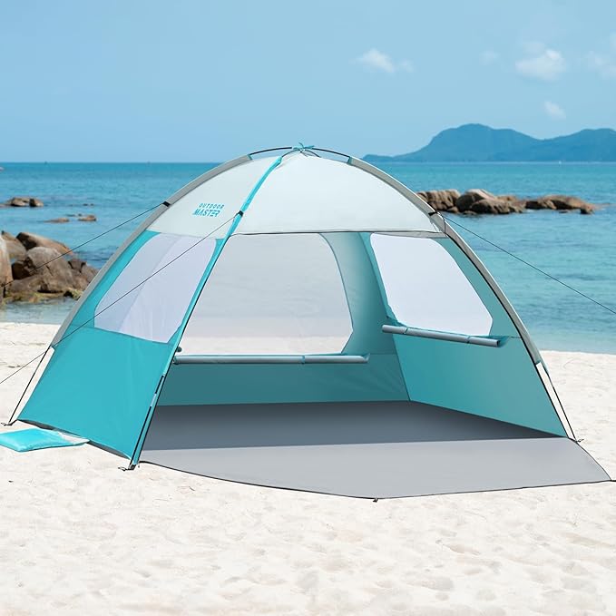 OutdoorMaster Beach Tent for 3/4 Person - Easy Setup Sun Shade Shelter, Portable Beach Shade Sun Canopy with UPF 50+ UV Protection, Removable Skylight Family Size